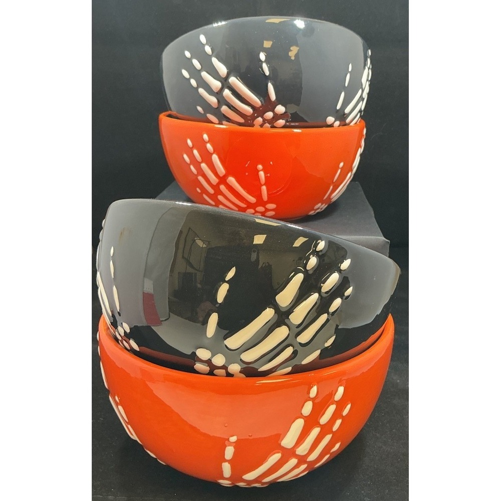 Hausenware Halloween‎ Skeleton Hand Ceramic Bowls Set of 4 Orange Black 5.5 inch
